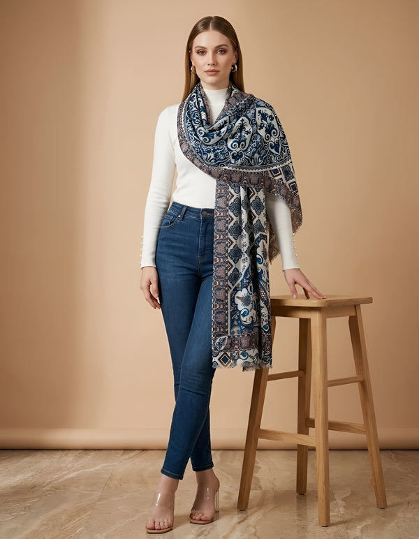 Signature Bamboo Silk Printed Stole | Heritage Floral & Geometric Ethnic Print