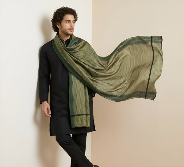 Khadi Cotton Mens Dupatta – Dusty Bottle Green with Textured Weave