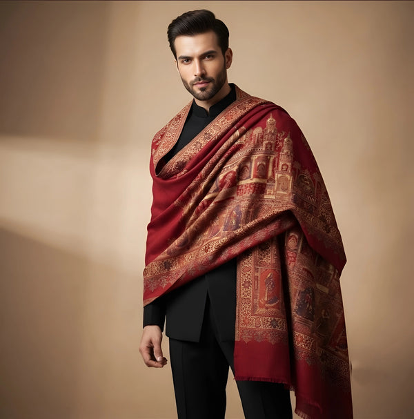 Mir-e-Khas Men's Mughal Palace Scenic Jacquard Woven Red Shawl with Zari Work