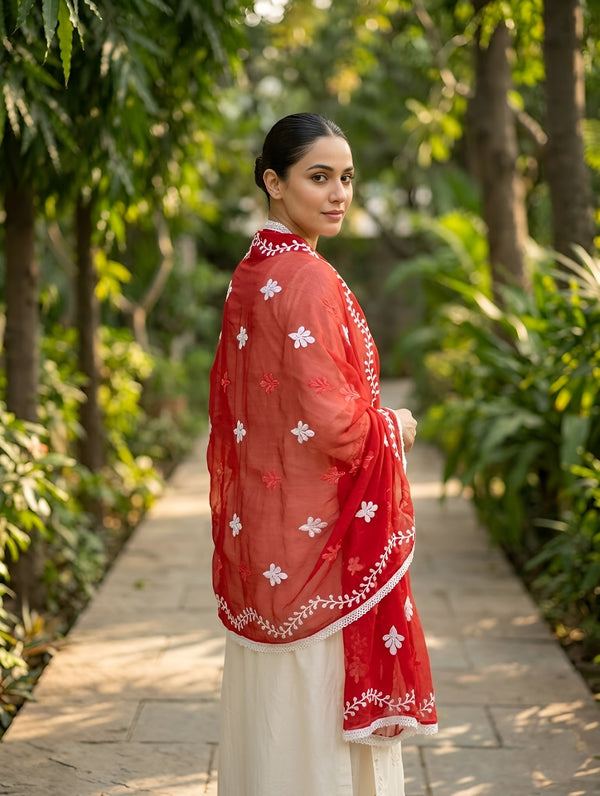 Red Nazneen Chiffon Embroidered Dupatta with Floral Work