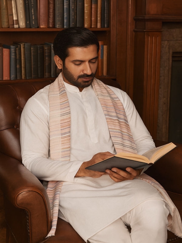 Reversible Woolen Mens Stole with Classic Striped Weave | Elegant Winter Wrap (80 × 28 Inches)
