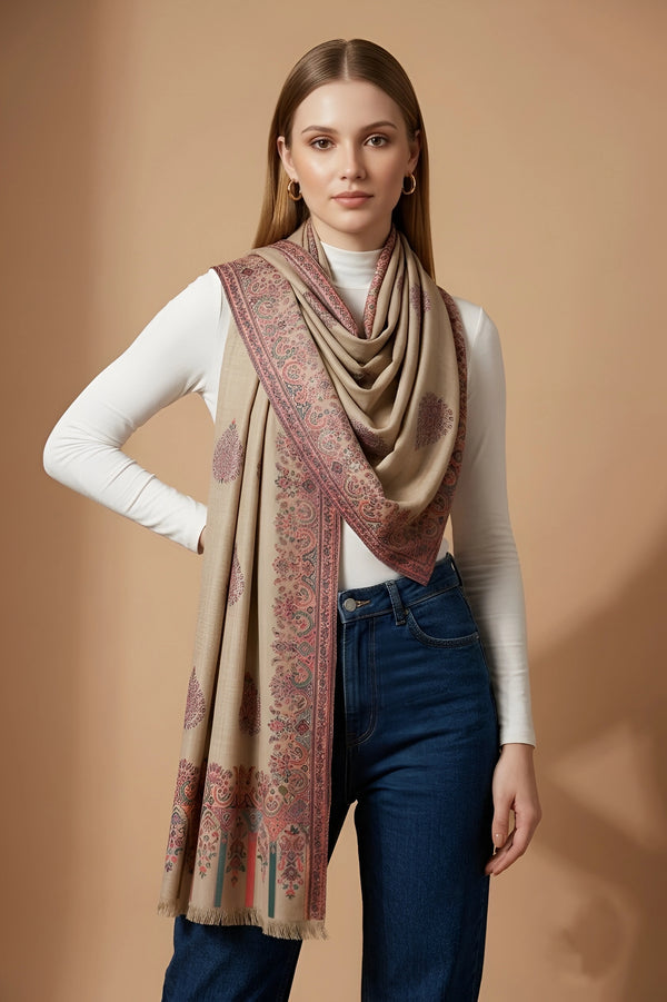 Regal Kani Woven Paisley Border Wool Blend Beige Stole | Kashmiri Inspired