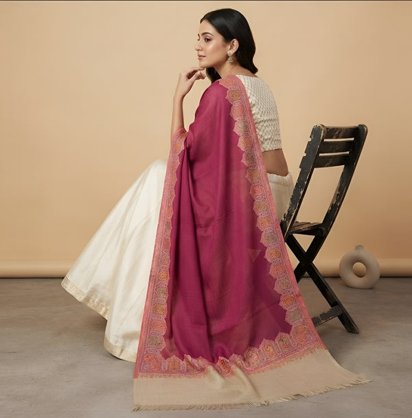 Naqsh-e-Kashmir Woven Kani Jacquard Wine Shawl with Solid Panel & Traditional Border