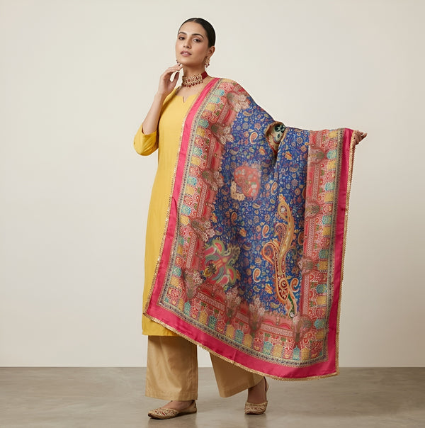 Chinon Floral Mirror Work Women Multicolor Dupatta with Designer Printed Panels & Lace Border