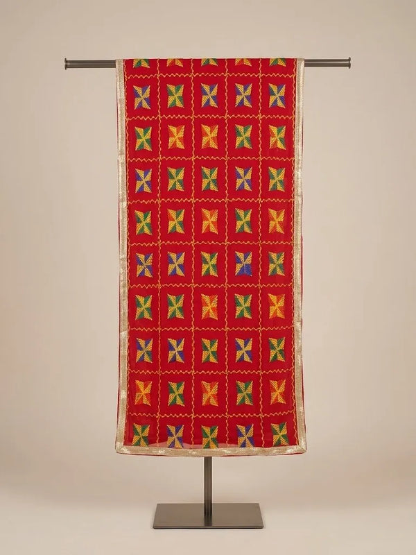 Chinon Phulkari Women Red Dupatta with Traditional Motif Work & Tape Border