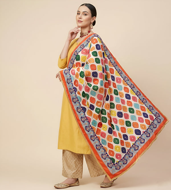 Chinon Floral Mirror Work Women Multicolor Dupatta with Designer Printed Panels & Lace Border