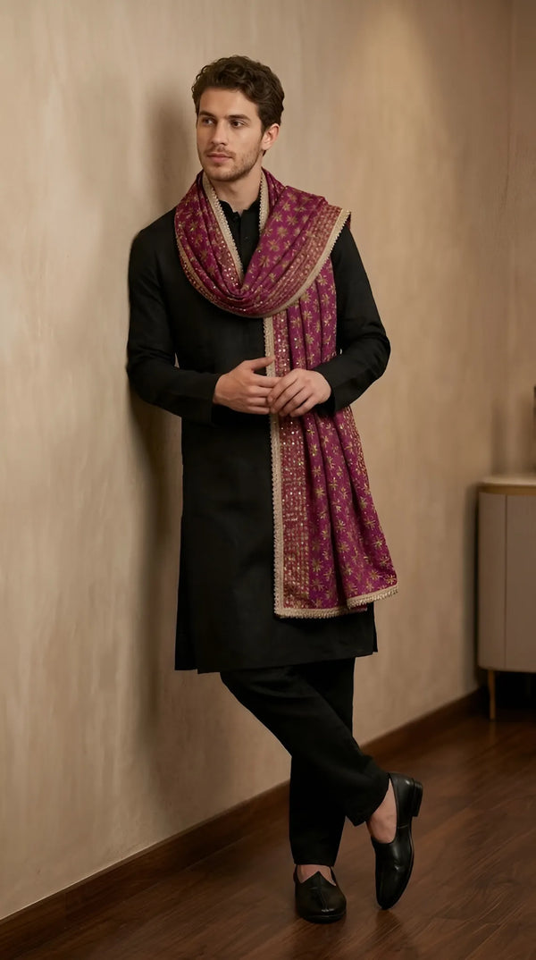 Heritage Phulkari Embroidered Purple Mens Dupatta with Lace Border