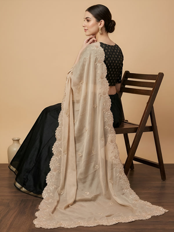 Luxe Rangoli Women Beige Dupatta with 4 Side Scalloped Embroidered Border & Buti Embellishment