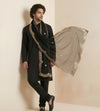 Black Twill Net Mens Dupatta – Scalloped Cutwork Border with Buti Work