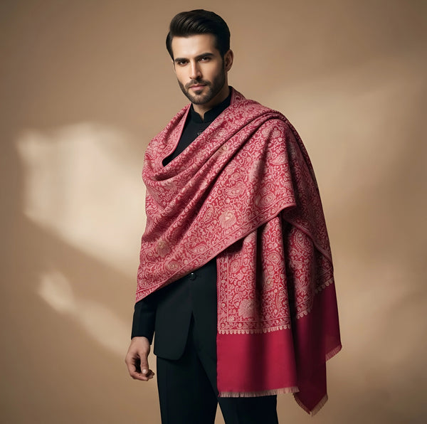 Mir-e-Khas Kashmiri Sozni Jaal Pink Shawl for Men – Wool Blend
