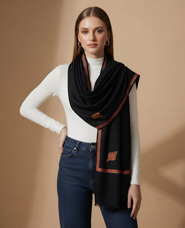 Regal Woven Border Accent Corner Wool Blend Black Stole| Kashmiri Inspired