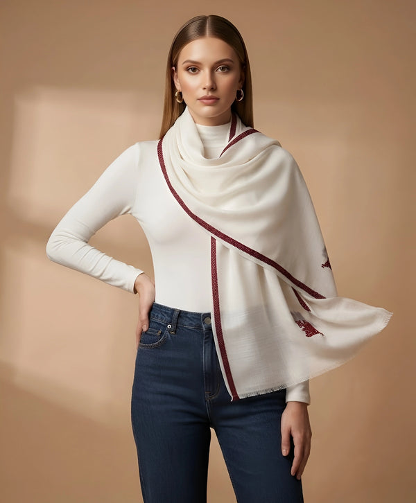 Regal Woven Border Accent Corner Wool Blend White Stole | Kashmiri Inspired