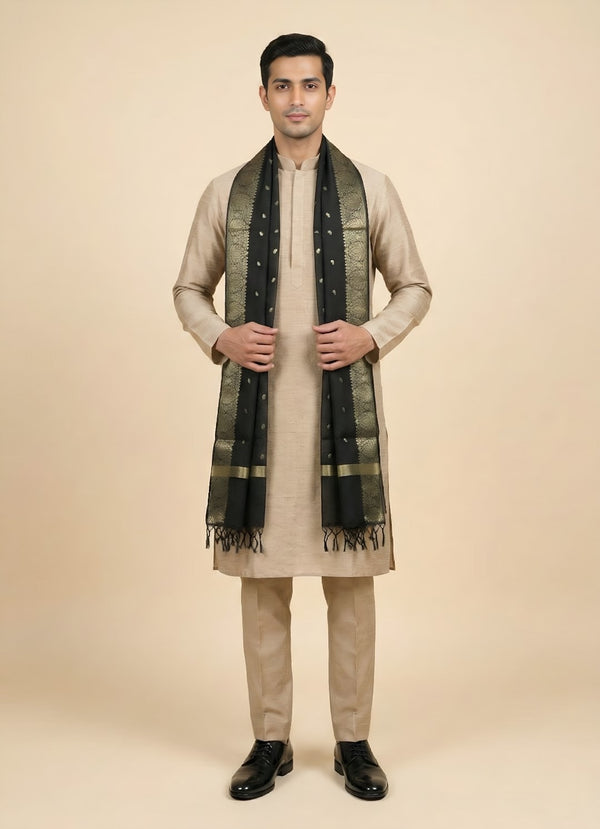 Banarasi Silk Mens Dupatta – Black with Zari Buta & Border Work