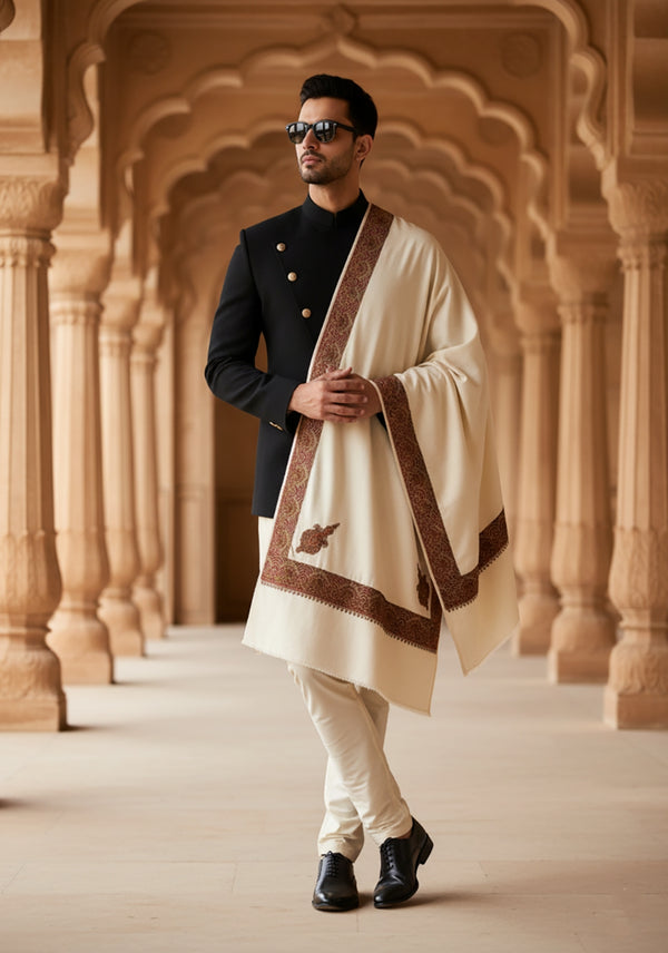 Elegant White Woolen Mens Shawl with Embroidered Border – Ethnic Wrap (80 x 40 Inches)