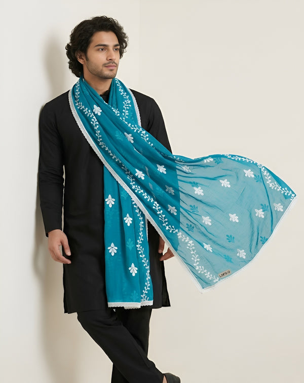 Blue Nazneen Chiffon Mens Dupatta with Floral Embroidery & Border