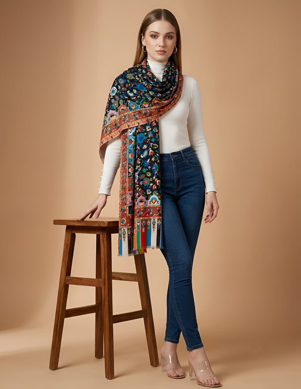 Signature Bamboo Silk Black Ethnic Floral BorderStole | Multicolour Heritage Border