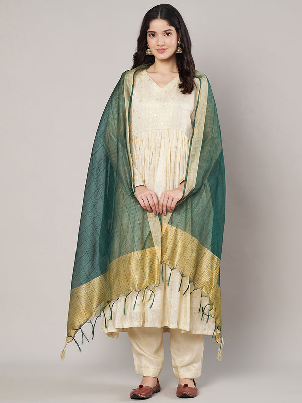 Bottle Green Chanderi Silk Dupatta with Gold Border & Tassels (Size: 2.5x1 m Approx)
