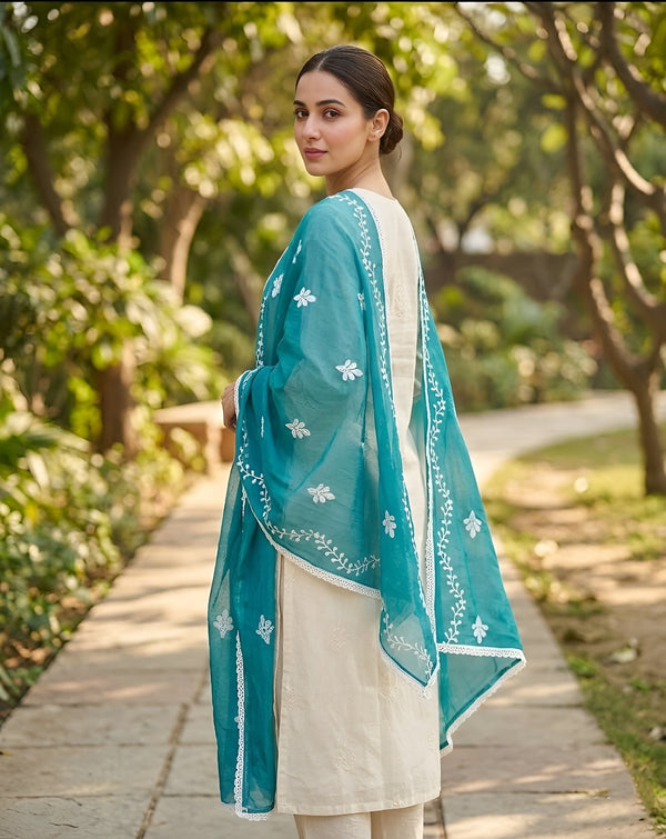 Blue Nazneen Chiffon Embroidered Dupatta with Floral Work
