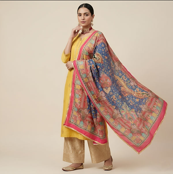 Chinon Floral Mirror Work Women Multicolor Dupatta with Designer Printed Panels & Lace Border