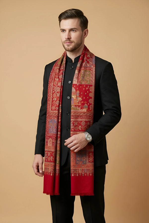 Noble Kani Weave Mughal Architecture & Floral Garden Wool Blend Red Stole