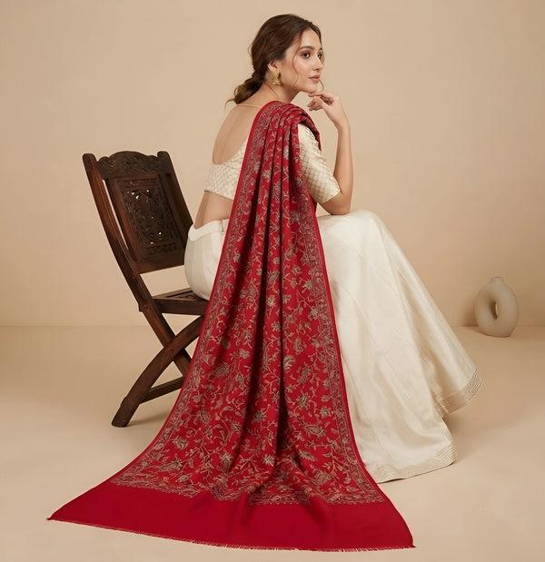 Naqsh-e-Kashmir Inspired Jamawar Floral Paisley Vine Wool Blend Red Shawl
