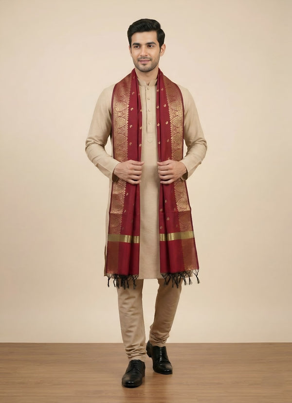 Banarasi Silk Mens Dupatta – Maroon with Zari Buta & Border Work