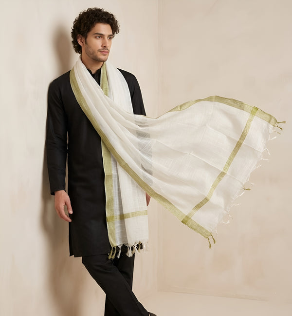 Cotton Mens Dupatta – White with Golden Border & Tassel Finish