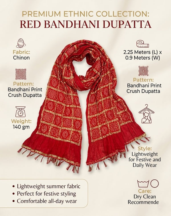 Chinon Bandhani Print Crush Women Red Dupatta with Traditional Motif Grid Design & Tassel Detailing
