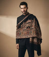 Mir-e-Khas Men's Mughal Palace Scenic Jacquard Woven Black Shawl with Zari Work