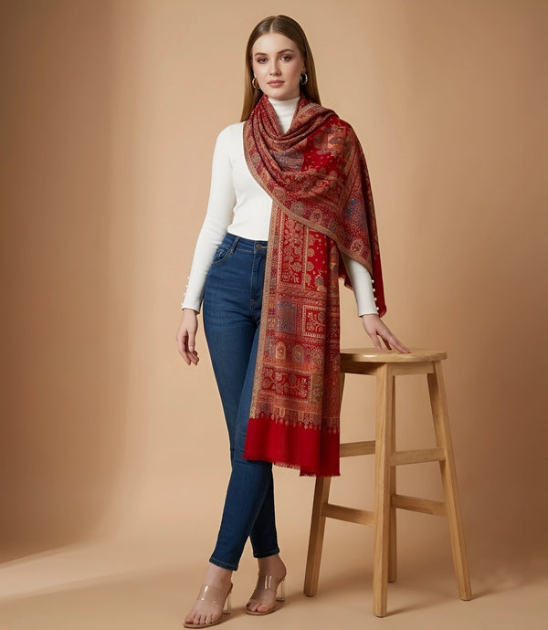 Regal Kani Weave Mughal Architecture & Floral Garden Wool Blend Red Stole