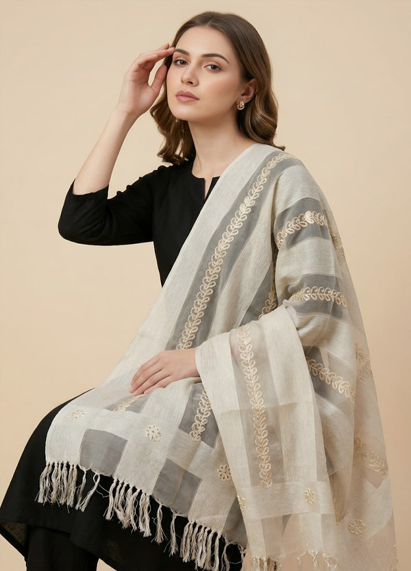 White Organza Dupatta with Gota Patti Work & Tassel Border