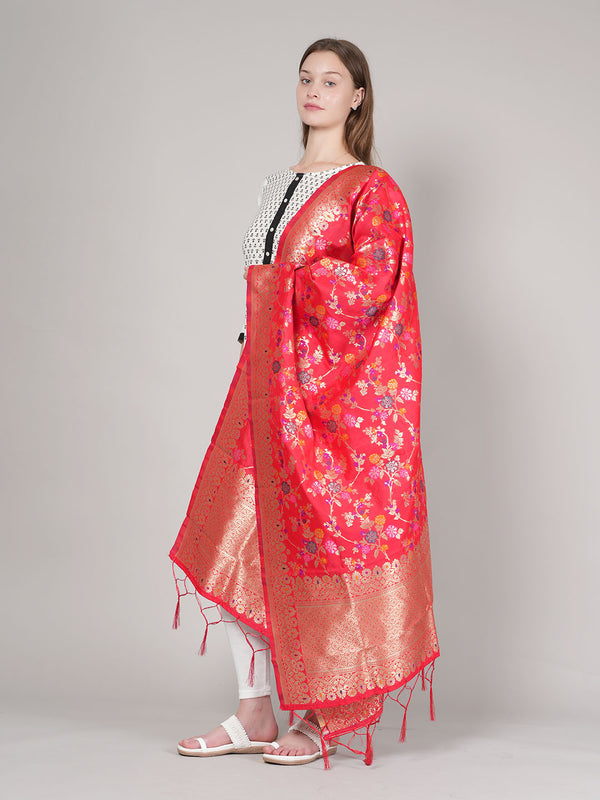 Red Paithani Silk Dupatta with Multicolour Floral Zari Weave (Size: 2.5x1 m Approx)
