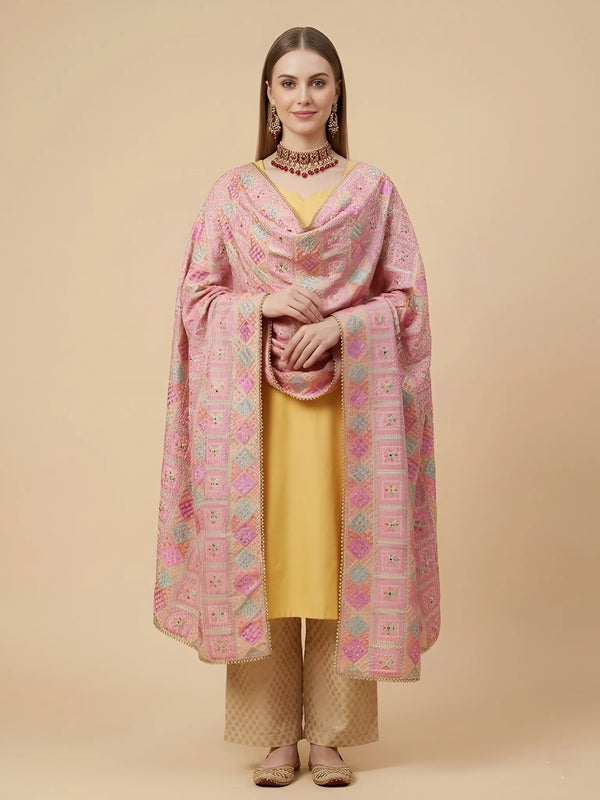 Luxe Chinon Women Phulkari Dupatta with Mirror & Beads Detailing, Lace Border and Latkan Tassels