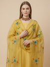 Luxe Organza Women Yellow Dupatta with Handbrush Floral Art & Beads