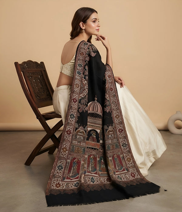 Naqsh-e-Kashmir Inspired Mughal Palace Scenic Jacquard Woven Black Shawl with Zari Work
