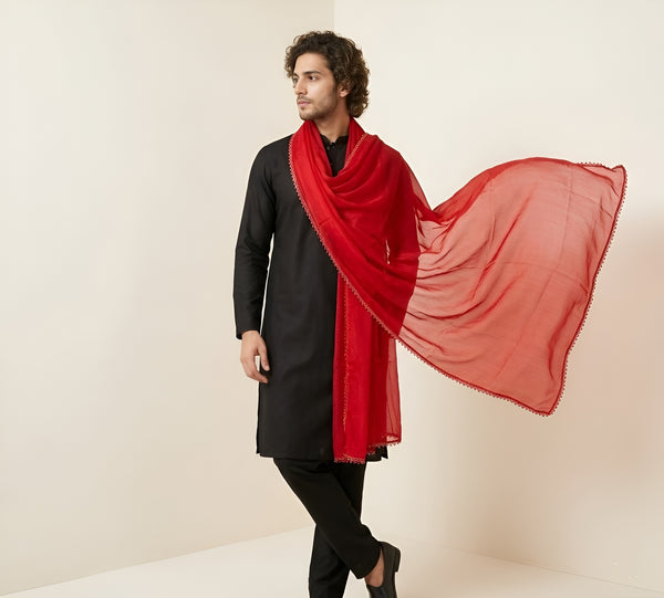 Nazneen Chiffon Mens Dupatta – Solid Red with Elegant Lace Border