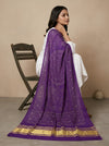 Bamboo Silk Bandhani Inspired Gajji Women Purple Dupatta with Elephant & Floral Motifs and Golden Tape Border