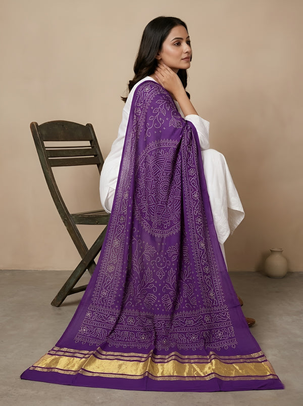 Bamboo Silk Bandhani Inspired Gajji Women Purple Dupatta with Elephant & Floral Motifs and Golden Tape Border