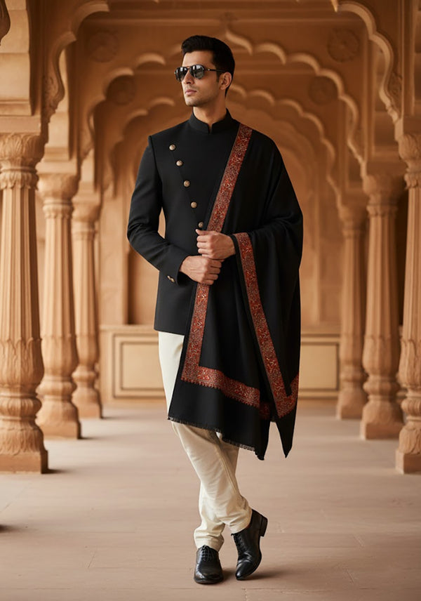 Black Woolen Mens Shawl with Traditional Multicolour Embroidered Border (80 x 40 Inches)