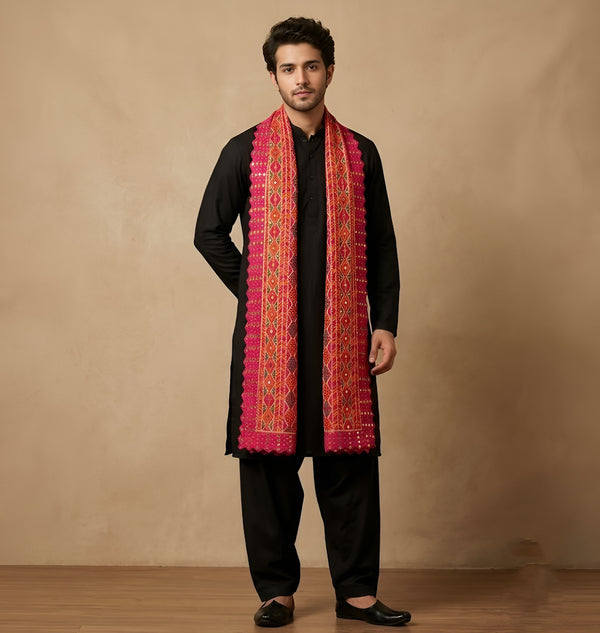 Heritage Woven Geometric Zari Chinon Pink Mens Dupatta