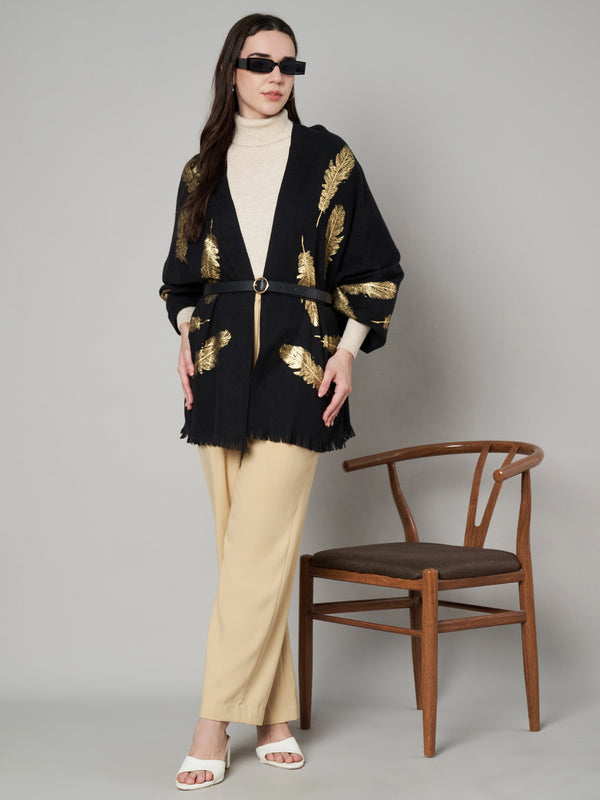 Wool Black Feather Motif Women Stole | Elegant Woven Wrap with Metallic Accents (80 × 28 Inches)