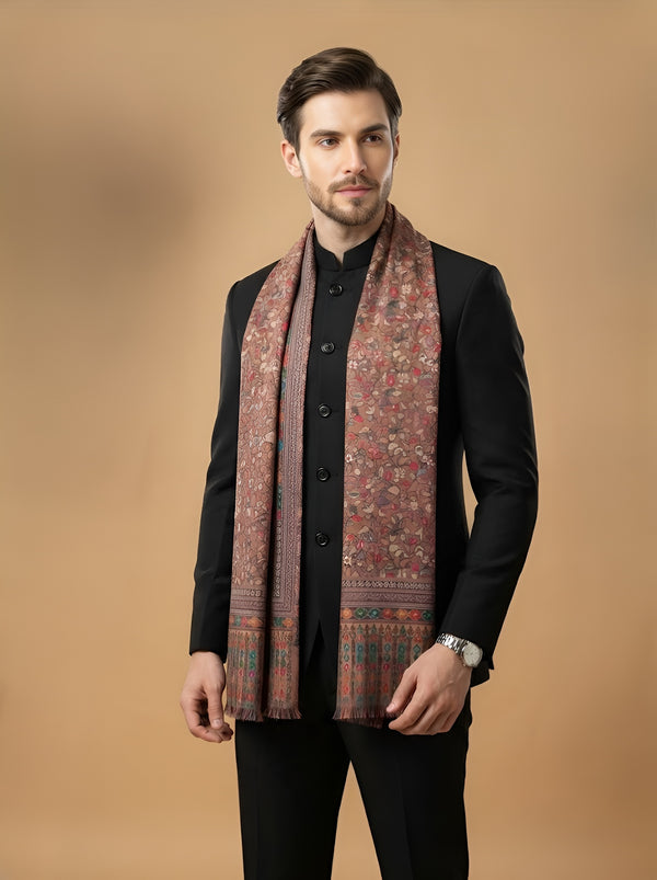 Reserve Mens All-Over Kalamkari Floral Print Bamboo Silk Brown Stole