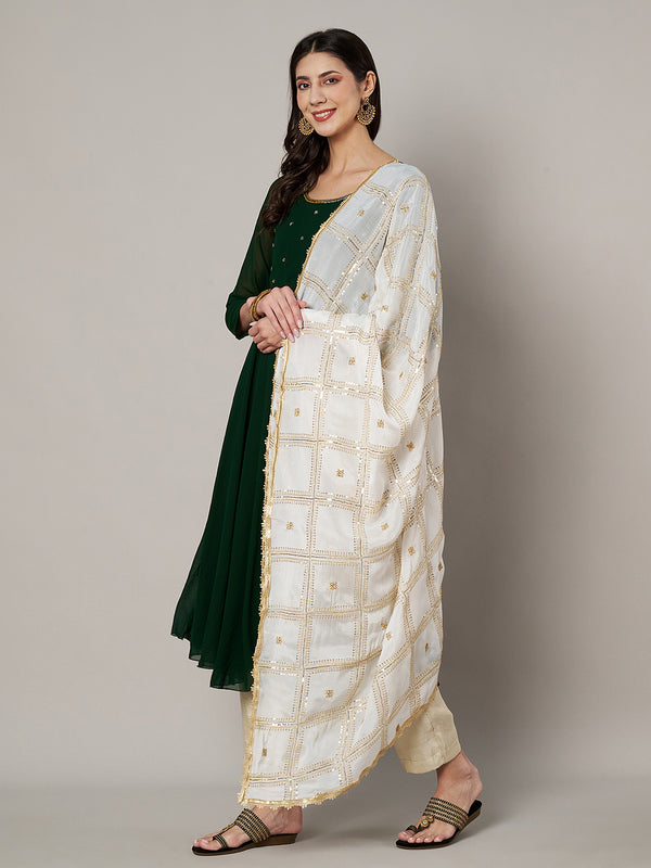 Ivory Chinon Dupatta with Gold Grid Embellishment (Size: 2.5x1 m Approx)