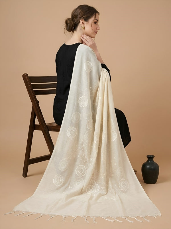 Off White Cotton Embroidered Dupatta | Summer Edit Lightweight Ethnic Essential