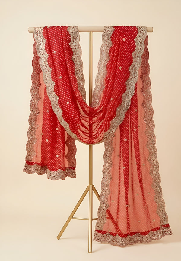 Georgette Leheriya Women Red Dupatta with Embroidered Scallop Border & Butti Work