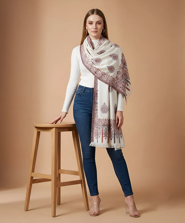 Regal Kani Woven Paisley Border Wool Blend White Stole | Kashmiri Inspired