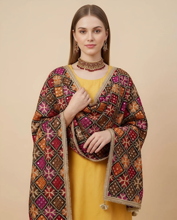 Luxe Phulkari Chinon Mirror Work Embroidered BlackDupatta with Elegant Lace Border