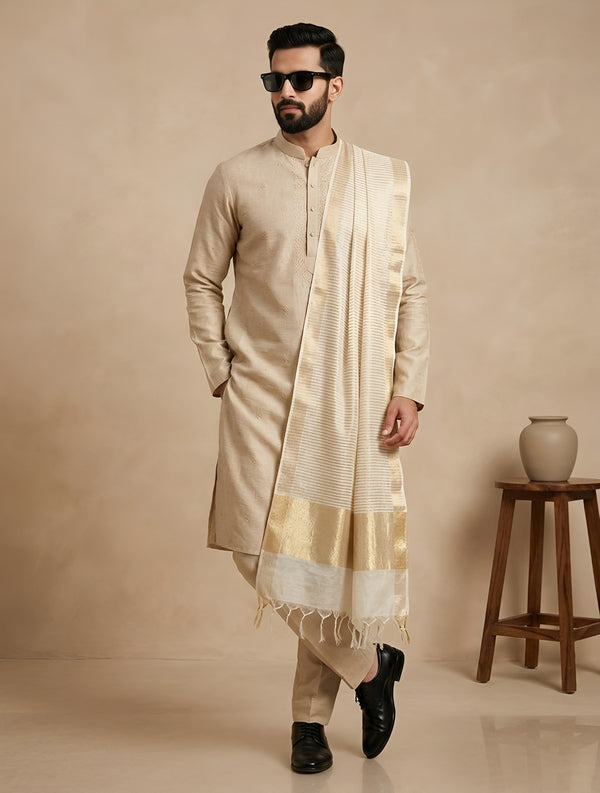Cotton Silk Mens Dupatta – White with Zari Buta & Border Work