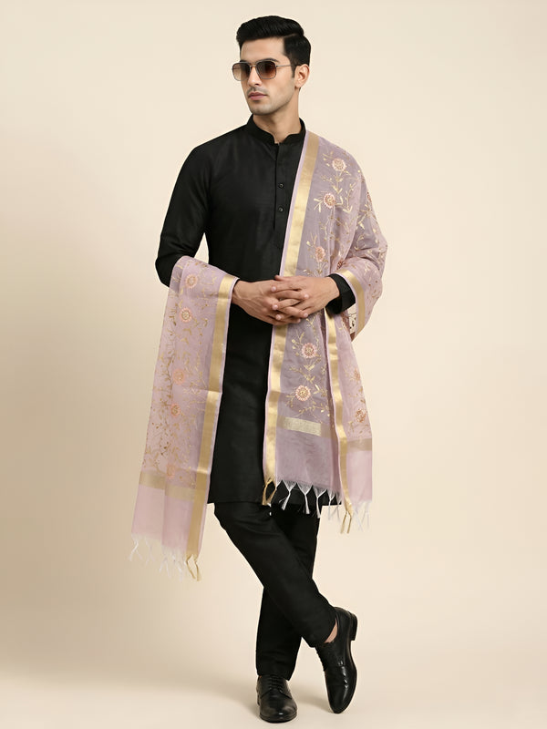 Organza Meena Jaal Mens Dupatta – Lavender with Gold Woven Design