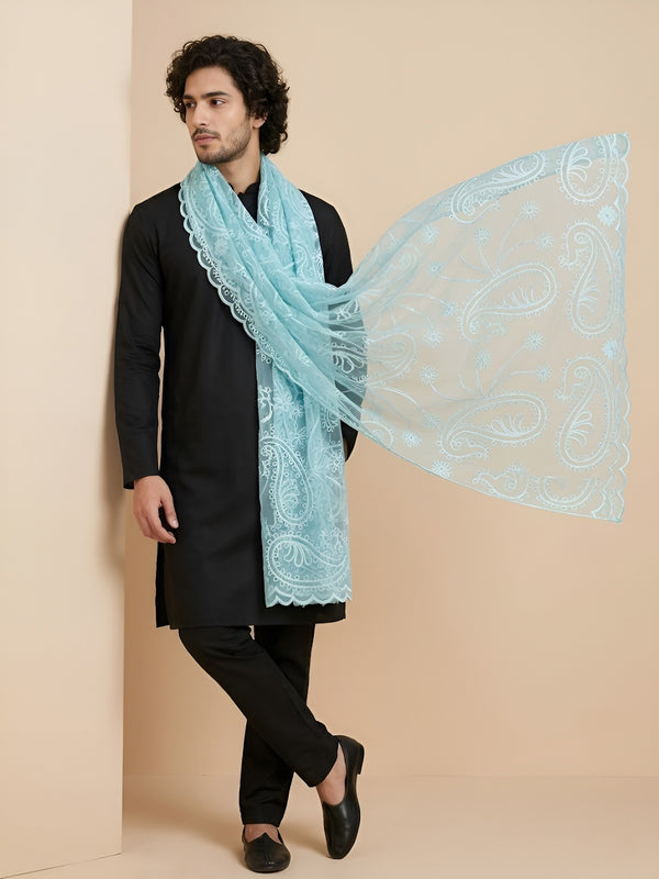 Organza Mens Dupatta – Aqua with Paisley Embroidery & Floral Design